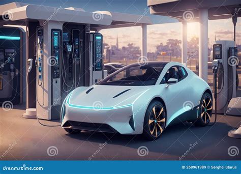 Futuristic Electric Car Being Charged On A Large Charging Station, AI ...