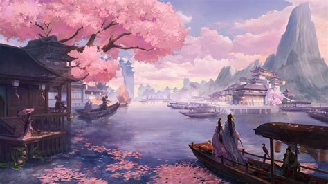 #Fantasy #Oriental #Boat Cherry Blossom Cherry Tree #Mountain #River #1080P #wallpaper # ...