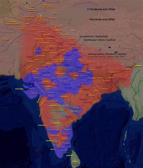 Map of the alliances for the Kurukshetra War in the Mahabharata The Mahabharata, Ancient Kingdom ...