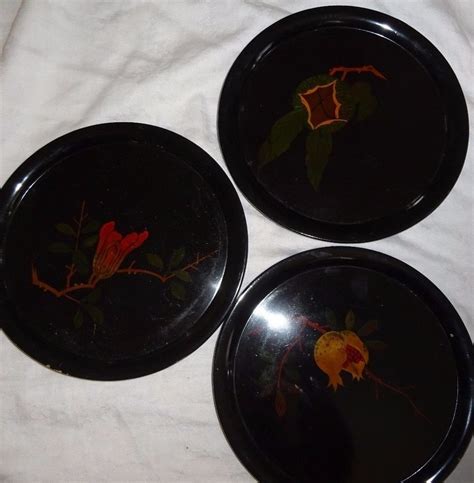 3 Black Lacquer on Wood? Asian Botanical Design 8.5" Plates Dark Subtle Designs | Plates ...