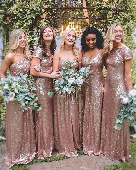 Rose gold bridesmaid dresses + green bouquets for industrial wedding