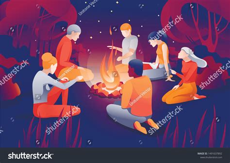 Cartoon People Sit Bonfire Summer Night Stock Vector (Royalty Free ...