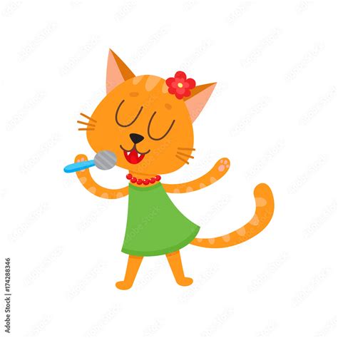 vector flat cartoon cheerful female cat character singing in microphone ...