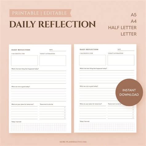 Daily Reflection Journal for Self Care Reflective Journal Printable Template A5, A4, Half Letter ...