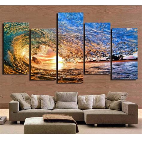 Ocean Sea Wave Sunset Seascape 2 – Nature 5 Panel Canvas Art Wall Decor ...