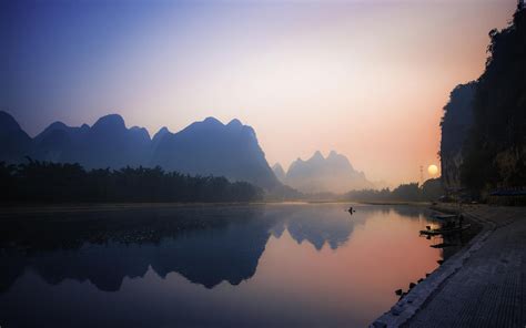 nature, Landscape, Reflection, River, Mountain, Sunrise, Mist, China, Palm Trees, Boat, Water ...