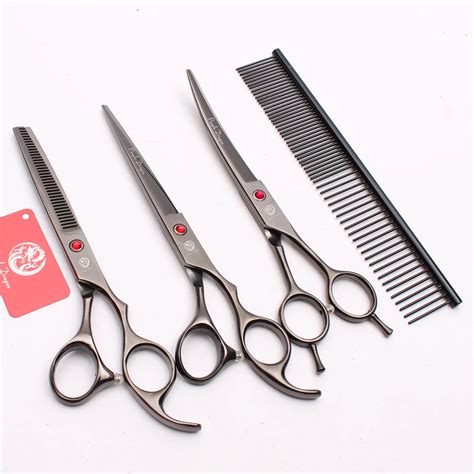 4Pcs Suit 7" 19.5cm Black Comb +Cutting Shears +Thinning +UP Curved Shears Professional Pets ...