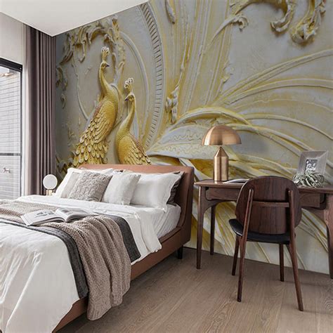 Custom Mural Wallpaper For Walls 3D Stereoscopic Embossed Golden Peacock Background Wall ...