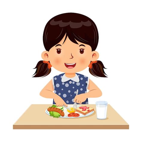 Premium Vector | Little girl happy to eating breakfast vector illustration