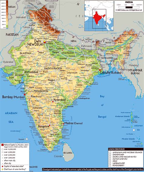 Large physical map of India with roads, cities and airports | India ...