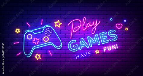 Vetor de Play Games have fun neon sign with game pad, bright signboard, light banner. Game logo ...