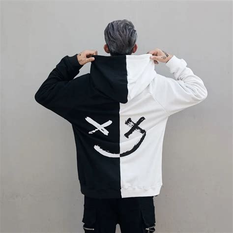 Hoodies Sweatshirts Men Color Block Black White Patchwork Smile Print Male Hoodie Hip Hop ...