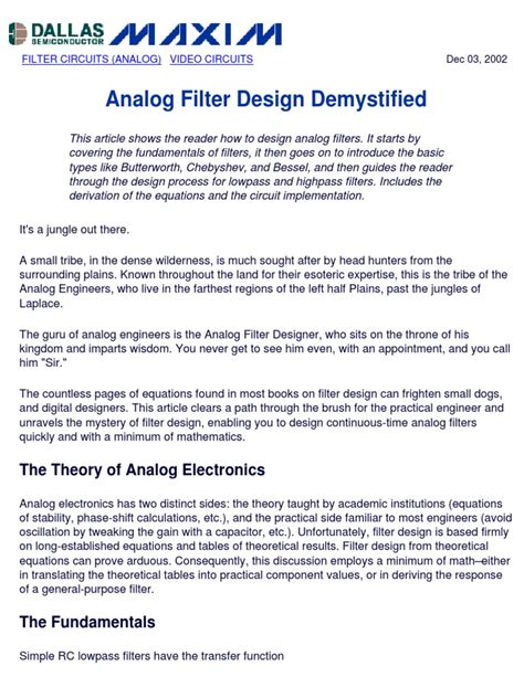 Analog Filter Design Demystified: The Theory of Analog Electronics | PDF | Low Pass Filter ...