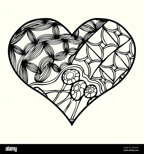 Zentangle heart with abstract floral pattern inside. Design element for Valentine`s day. Adult ...