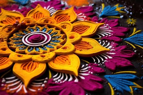 Premium AI Image | Detailed Indian Rangoli patterns made with vibrant colored powders