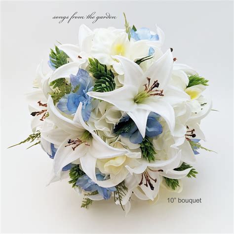 Tiger Lily Wedding Bouquet Light Blue & White Bridal or Bridesmaid Bouquet Orchids Hops Fern ...