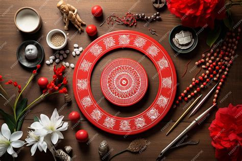 Premium Photo | Martisor symbols arranged in a circle on a rustic table