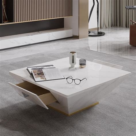 J&E Home 35.43 in.White Square Modern Trapezoid Marble Drum Coffee Table JE-CT1821WW - The Home ...