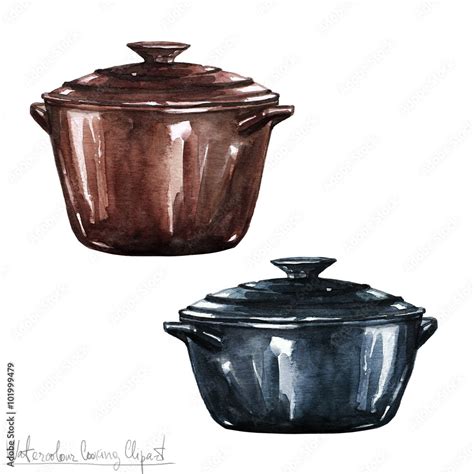 Watercolor Cooking Clipart - Pots and Pans Stock Illustration | Adobe Stock