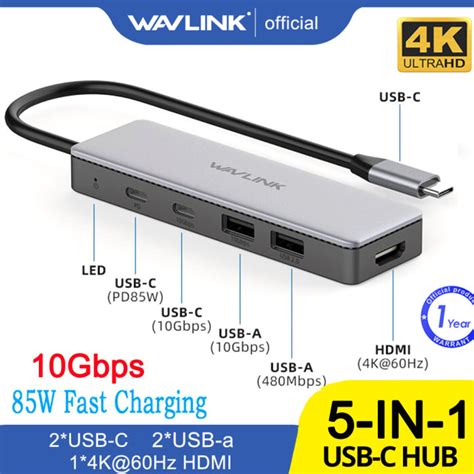 WAVLINK 10Gbps 5-In-1 USB C Hub, Plug and Play Type C to 4K 60Hz HDMI Multiport Adapter with 85W ...