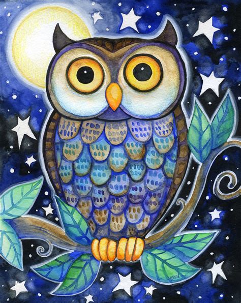 Night Owl 8x10 Colorful Owl Moon Star Print