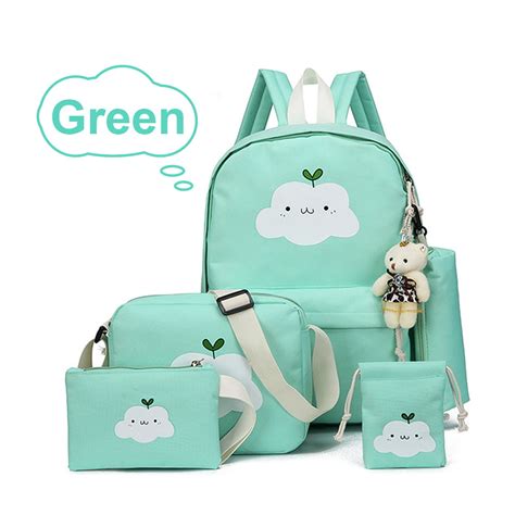 Anyprize 5Pcs/Sets Green Canvas School Backpacks for Girls, Large Capity Scatchel Rucksack ...