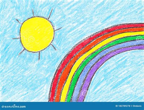 Child`s Drawing of the Sun and a Rainbow Stock Illustration ...