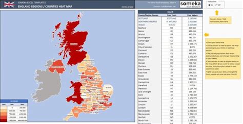 UK Geographic Heat Map Excel Template Density Map Automatic City Coloring Country Map of United ...