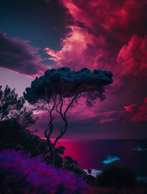 Premium AI Image | A purple sunset with a tree in the foreground