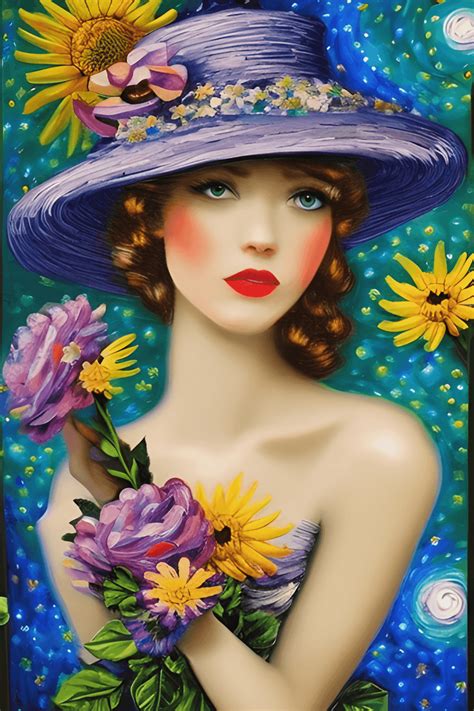 Vintage Hat and Flowers Whimsical Starry Night Magical Painting · Creative Fabrica