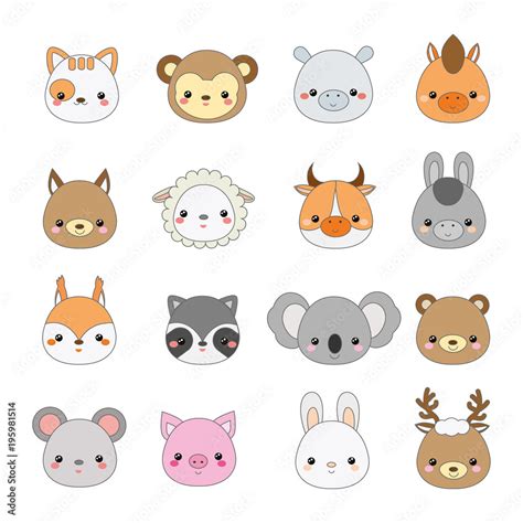 Cute animals faces. Big set of cartoon kawaii wildlife and farm animals ...