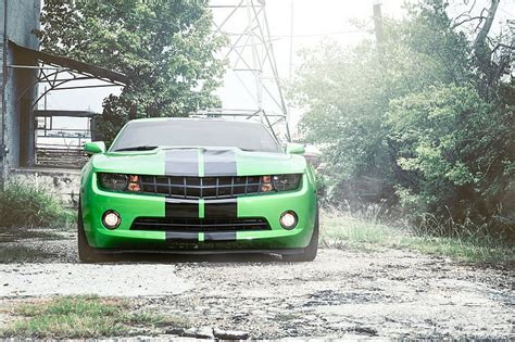 HD wallpaper: Chevrolet, Camaro, Green, Front, Black, Stripes, mode of transportation ...