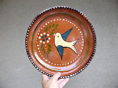 Mexican Pottery Plate Bird Decor Capula Michoacan Redware Mexican Decor, Folk Art Plate