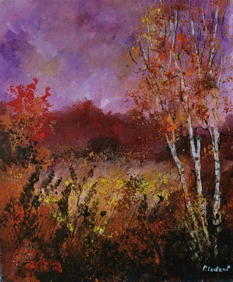 an oil painting of trees in the fall with purple and red colors on them,