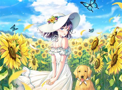 Anime girl, summer dress, dog, sunflower field, hat, butterfly, Anime ...