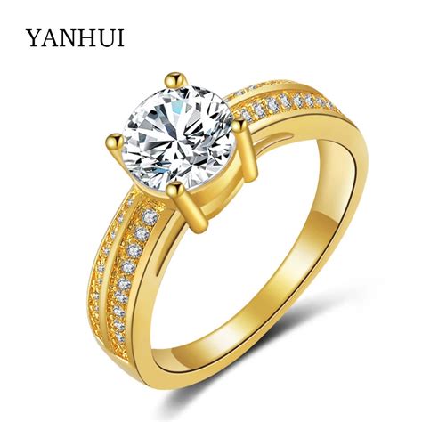 Fine Jewelry Real 24K Yellow Gold Rings For Women 1 Carat CZ Diamant Engagement Wedding Ring Set ...