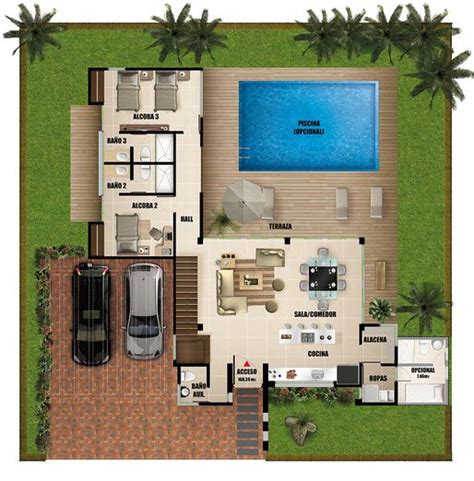 Plano de casa moderna de dos pisos con piscina