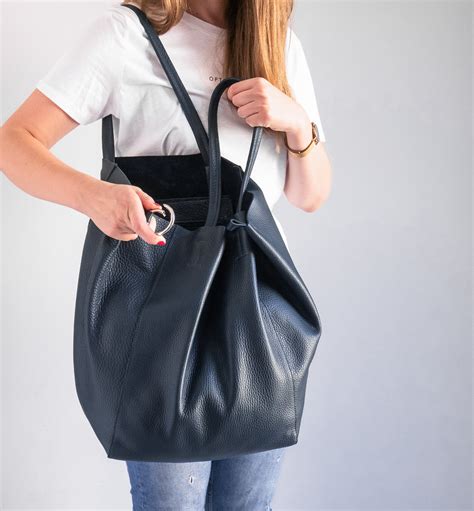 Large OVERSIZE Dark Blue Tote Bag NAVY Blue Leather SHOPPER Bag Oversized Tote Big Shoulder Bag ...