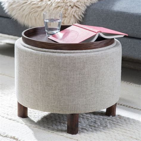 Belham Living Ingram Round Storage Ottoman with Cocktail Tray | Round storage ottoman, Leather ...