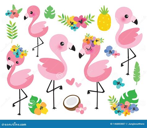 Cute Baby Flamingos and Tropical Flowers Vector Illustration Stock ...