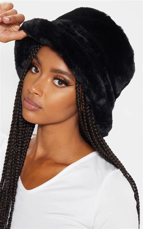 Black Faux Fur Bucket Hat | Accessories | PrettyLittleThing CA