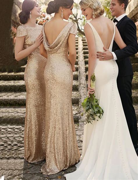 2016 New Champagne Rose Gold Sequins Bridesmaid Dresses Long With Short Sleeves Scoop Neck Low ...