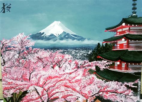 Mount Fuji Japan with pagoda and cherry blossom Fujiyoshida original watercolour painting of ...