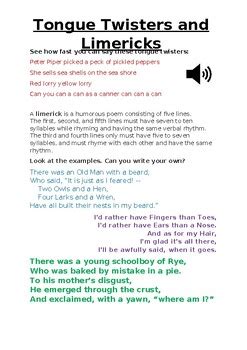 Tongue Twisters and Limericks T by hala hmil | TPT