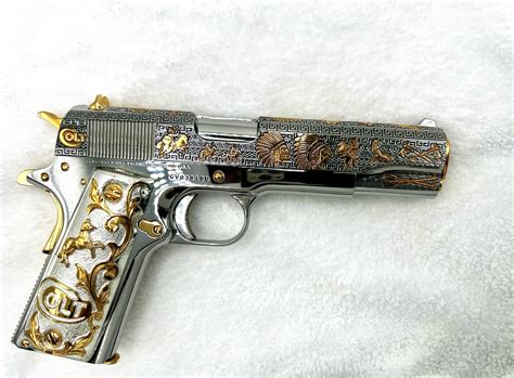 New Colt 1911 government 38 super Fully custom engraved. 24 carats gold plated parts ...