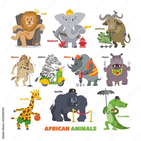 African animals vector cartoon wild animalistic characters lion king elephant fireman security ...