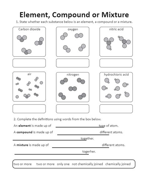 Elements Compounds And Mixtures Worksheet