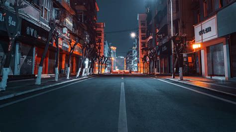 road, city, buildings, street, night, 4k HD Wallpaper