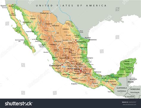 High detailed Mexico physical map with labeling. - Royalty Free Stock Vector 326352557 - Avopix.com