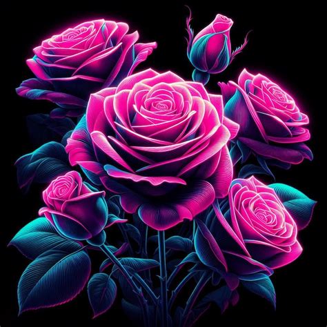 Premium PSD | Hyper realistic vector art trendy festive pink bouquet neon colored roses flowers ...